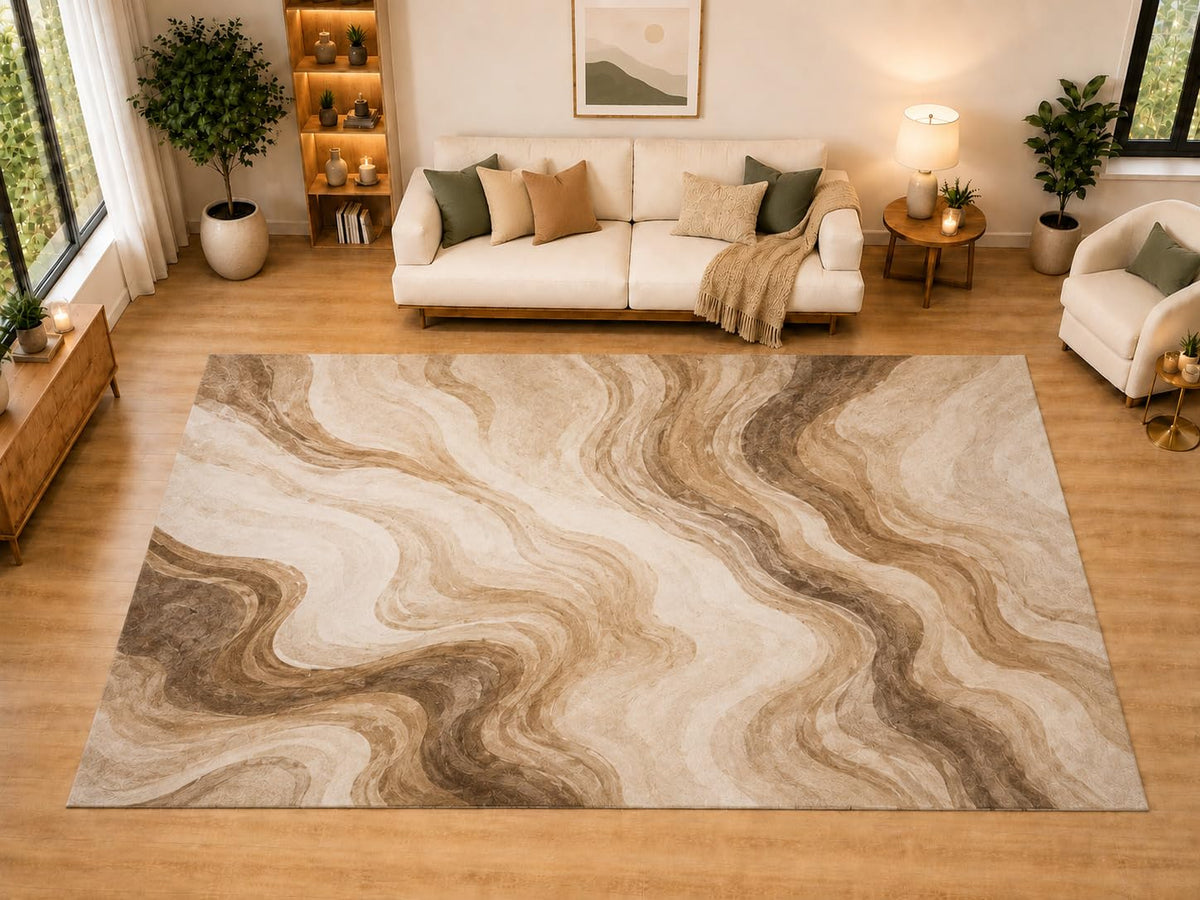 ICE ARMOR "Ultra Light Weight Large 6'7" x 9'10" Swirled Earth Pattern Area Rug for Living Room, Bedroom, Dining Room, Soft Low Pile Non-Slip Backing, Cream Brown