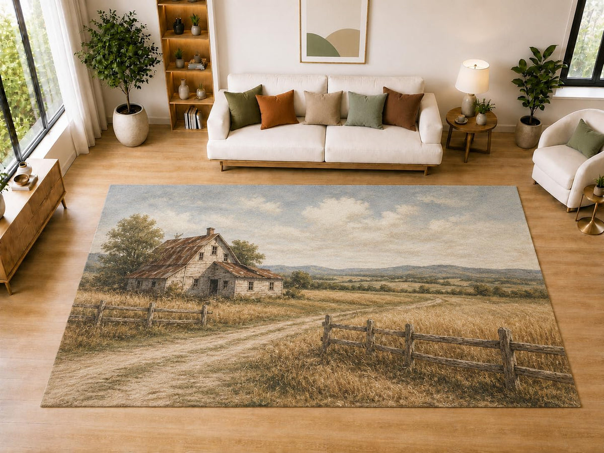 ICE ARMOR "Ultra Light Weight Large 6'7" x 9'10" Farmhouse Field Area Rug for Dining, Living Room, Bedroom, Soft Low Pile Indoor Rug with Non-Slip Silicone Backing, Beige Brown