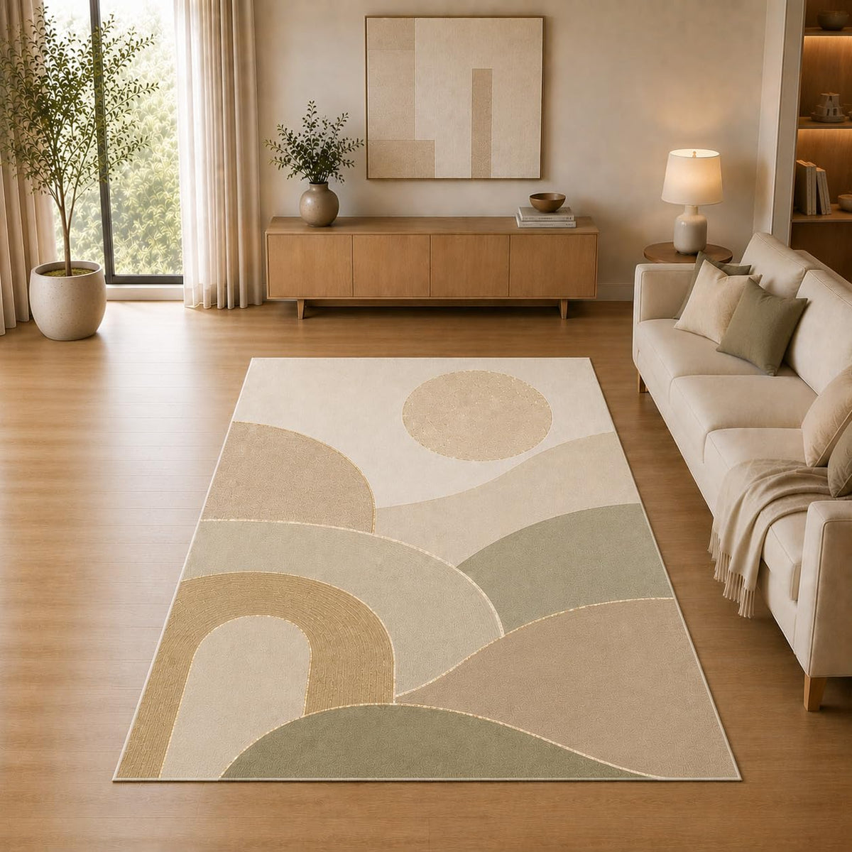 ICE ARMOR 5' x 7' Modern Abstract Area Rug for Living Room, Soft Low Pile Indoor Rug with Non-Slip Silicone Backing, Decorative Carpet for Bedroom, Office, Family Room, Sage Green