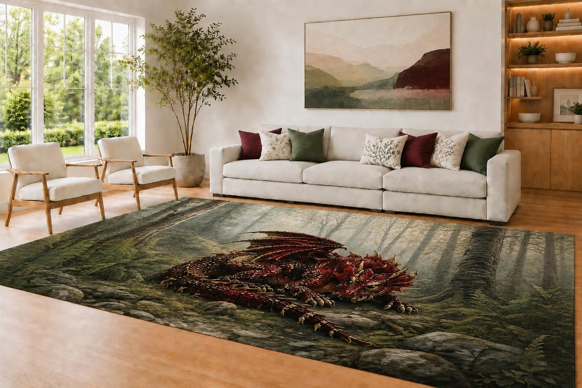 ICE ARMOR Large 6'7" x 9'10" Burgundy and Black Forest Dragon Area Rug for Living Room, Soft Low Pile Carpet with Non-Slip Silicone Backing, Decor for Bedroom and Home Office