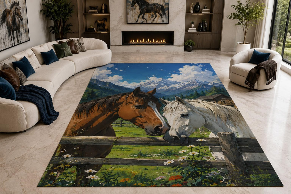 ICE ARMOR "Ultra Lightweight Large 6'7" x 9'10" Alpine Horse Pair Area Rug for Living Room, Bedroom and Home Office, Soft Low Pile Carpet with Non-Slip Silicone Backing, Brown and White