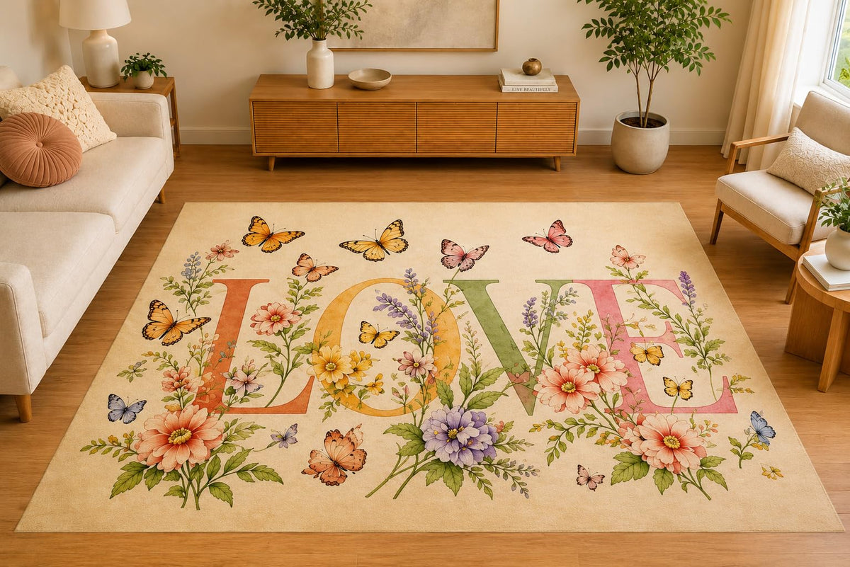 ICE ARMOR 5' x 7' Butterfly Floral Love Area Rug, Soft Low Pile Indoor Rug with Non-Slip Silicone Backing, Decorative Carpet for Living Room, Bedroom, Family Room, Kids & Pets, Beige Pastel