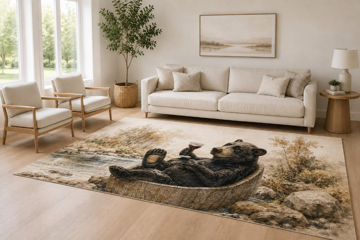 ICE ARMOR Large 6'7" x 9'10" Beige and Brown Tub Bear Accent Area Rug for Living Room, Soft Low Pile Carpet with Non-Slip Silicone Backing, Decor for Bedroom and Home Office