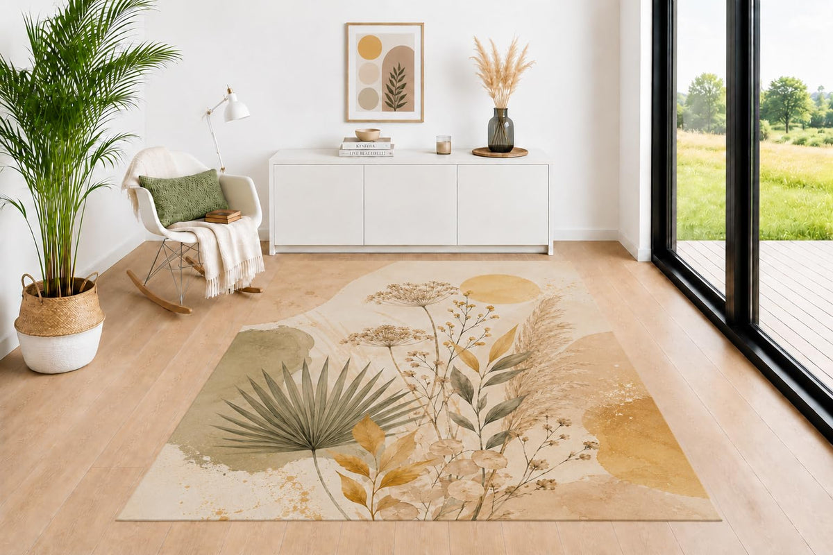 ICE ARMOR 5' x 7' Canyon Valley Area Rug, Mountain River and Palm Leaf Pattern in Sage Green Beige Terracotta Mustard, Neutral Floor Carpet for Living Room Bedroom Office Decor