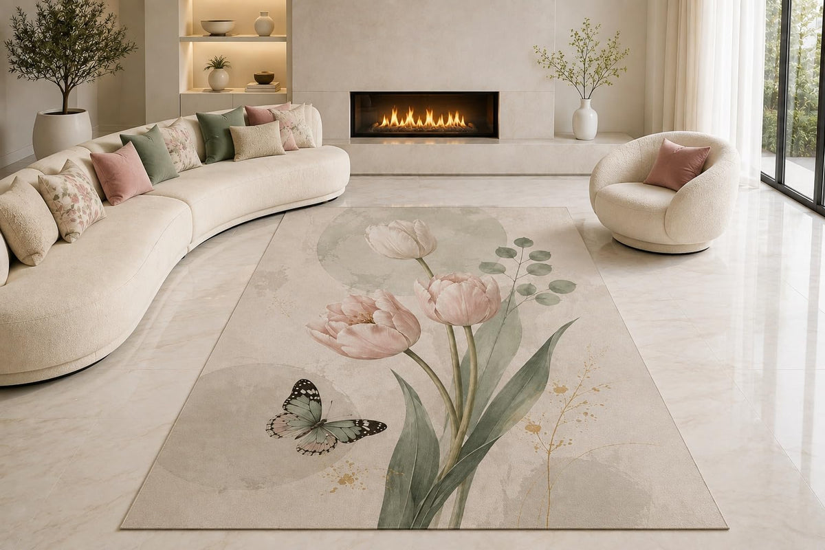 ICE ARMOR "Ultra Lightweight Large 6'7" x 9'10" Butterfly Blooms Area Rug for Living Room, Bedroom and Home Office, Soft Low Pile Carpet with Non-Slip Silicone Backing, Cream and Sage