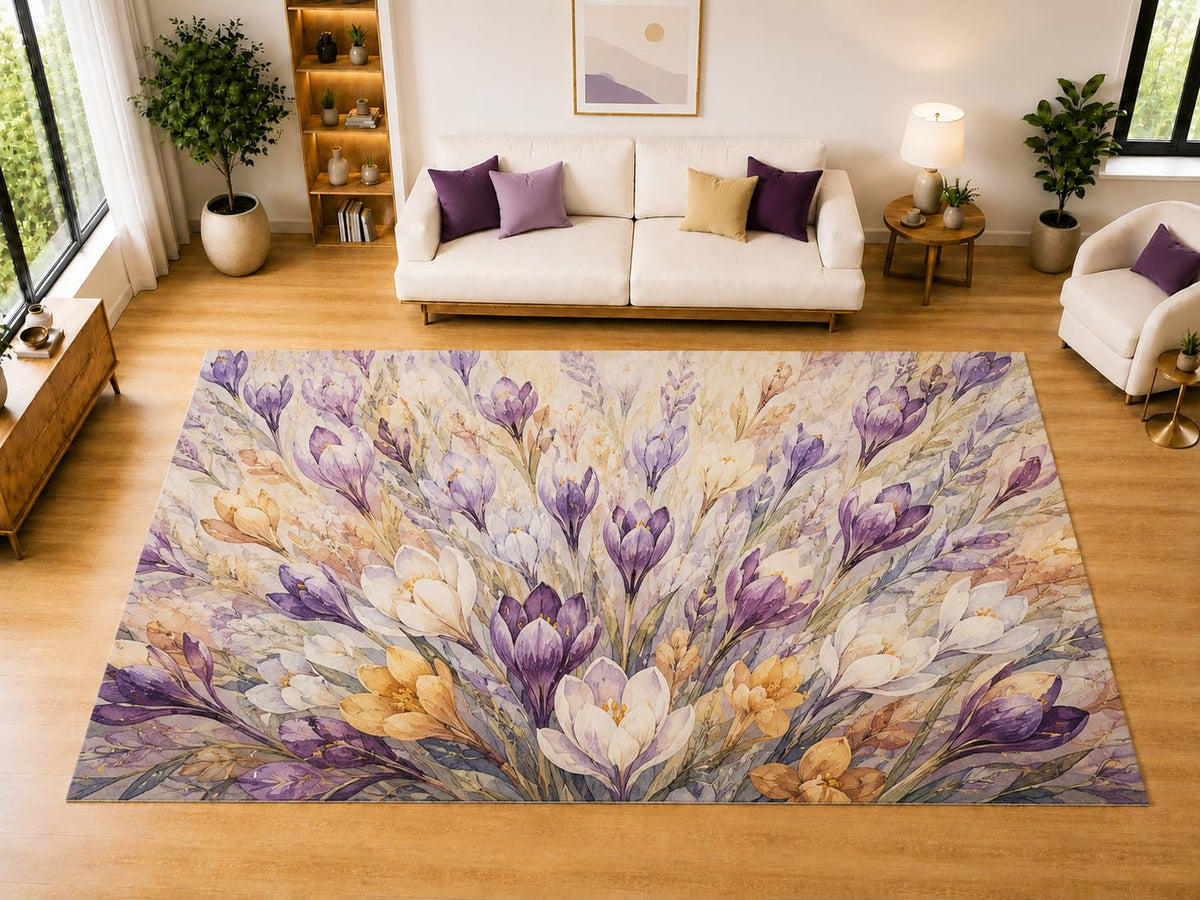 ICE ARMOR "Ultra Light Weight Large 6'7" x 9'10" Wildflower Bouquet Area Rug for Living Room Bedroom Dining Room, Soft Low Pile Non-Slip Backing, Pink Purple Orange Blue Cream Floral Decor