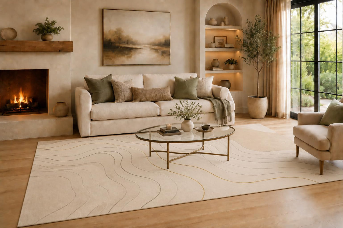 ICE ARMOR Large 6'7" x 9'10" Cream and Gray Organic Flow Lines Area Rug for Living Room, Soft Low Pile Carpet with Non-Slip Silicone Backing, Decor for Bedroom and Home Office