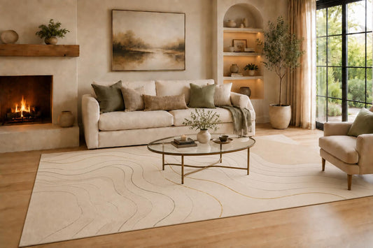 ICE ARMOR Large 6'7" x 9'10" Cream and Gray Organic Flow Lines Area Rug for Living Room, Soft Low Pile Carpet with Non-Slip Silicone Backing, Decor for Bedroom and Home Office