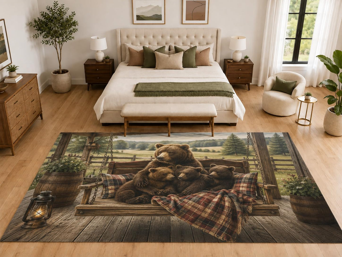 ICE ARMOR "Ultra Light Weight Large 6'7" x 9'10" Bear Family Porch Rug, Soft Low Pile Indoor Rug, Non-Slip Silicone Backing for Family Room Brown