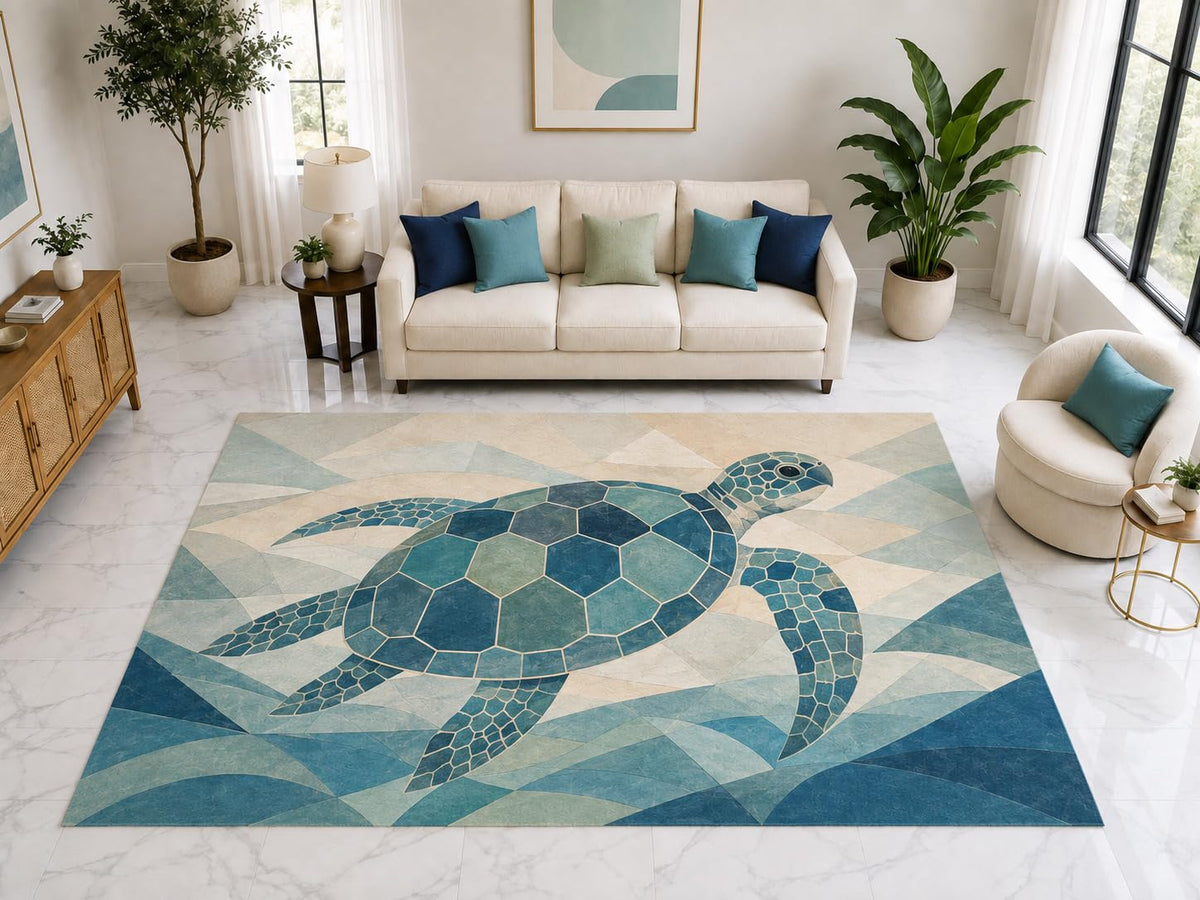 ICE ARMOR "Ultra Light Weight Large 6'7" x 9'10" Geometric Sea Turtle Rug, Soft Low Pile Indoor Rug, Non-Slip Silicone Backing for Kids Room Blue
