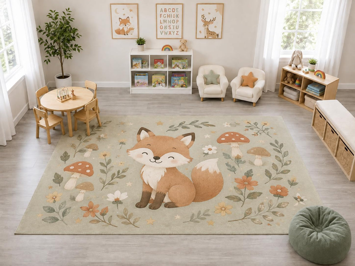 ICE ARMOR "Ultra Light Weight Large 6'7" x 9'10" Woodland Fox Mushroom Rug, Soft Low Pile Indoor Rug, Non-Slip Silicone Backing Kids Room Pets Sage