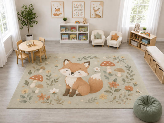 ICE ARMOR "Ultra Light Weight Large 6'7" x 9'10" Woodland Fox Mushroom Rug, Soft Low Pile Indoor Rug, Non-Slip Silicone Backing Kids Room Pets Sage