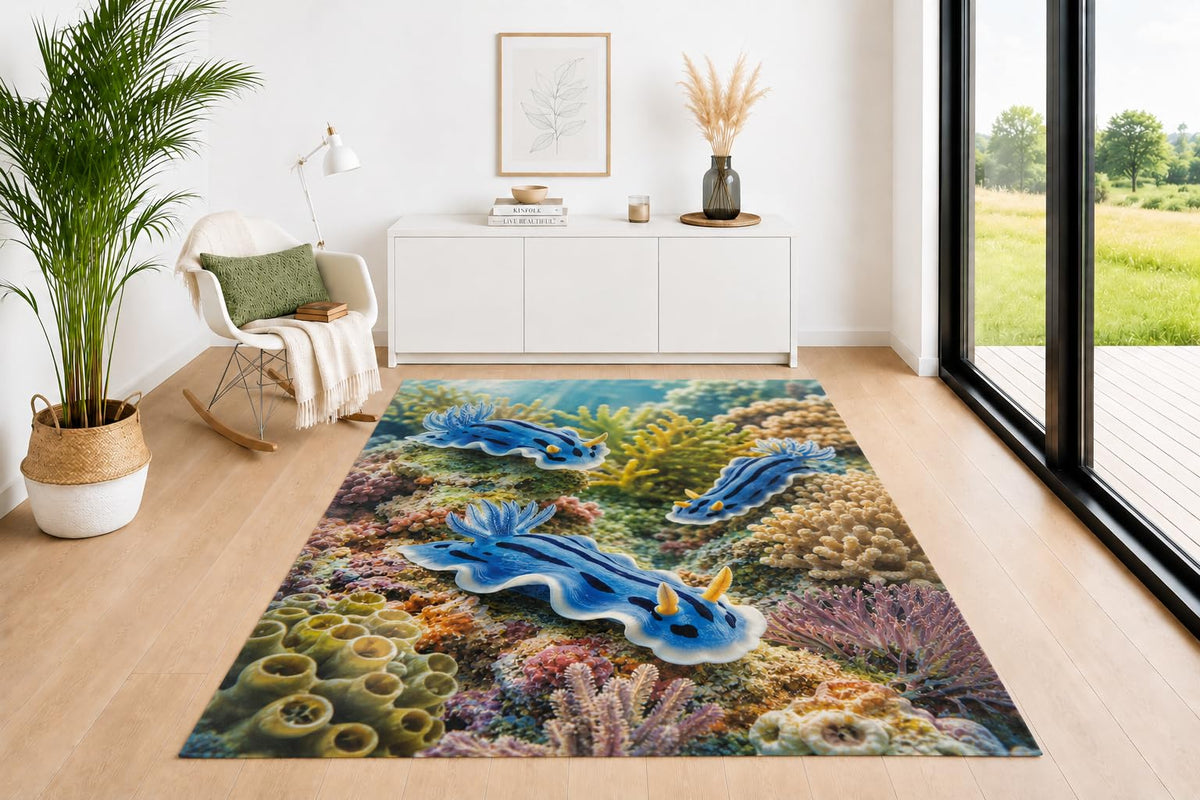 ICE ARMOR 5' x 7' Blue Nudibranch Sea Slug Area Rug for Living Room, Soft Low Pile Indoor Rug with Non-Slip Silicone Backing, Decorative Carpet for Bedroom, Office, Kids & Pets, Blue