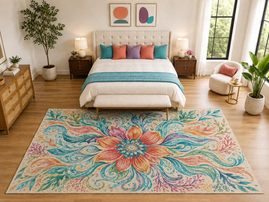 ICE ARMOR "Ultra Light Weight Large 6'7" x 9'10" Watercolor Floral Rug, Soft Low Pile Indoor Rug, Non-Slip Silicone Backing for Living Room Cream