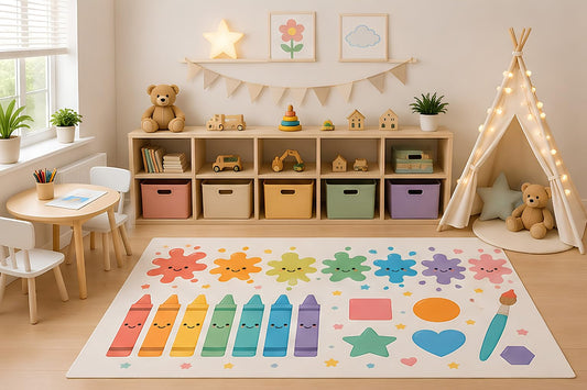 ICE ARMOR 5' x 7' Colors and Crayons Area Rug for Kids Playroom Nursery Bedroom, Rainbow Paint Splashes Shapes Educational Art Cartoon Decor, Non-Slip Silicone Backing Low Pile