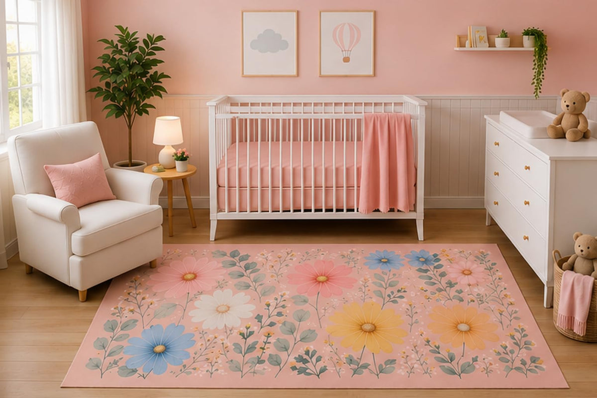 ICE ARMOR 5' x 7' Pastel Floral Garden Area Rug for Nursery Room, Minimalist Botanical Daisy Flower Meadow Design, Soft Pink Blue Yellow Kids Bedroom Decor, Non-Slip Silicone Backing Low Pile