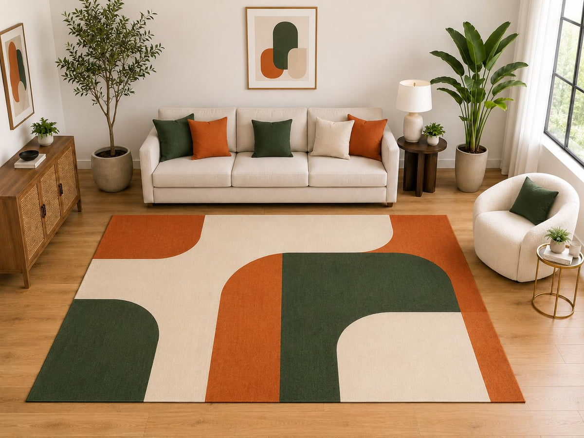 ICE ARMOR Large 6'7" x 9'10" Retro Rounded Arch Area Rug for for Bedroom, Living Room, Soft Low Pile Indoor Rug with Non-Slip Silicone Backing, Burnt Orange Green Ivory
