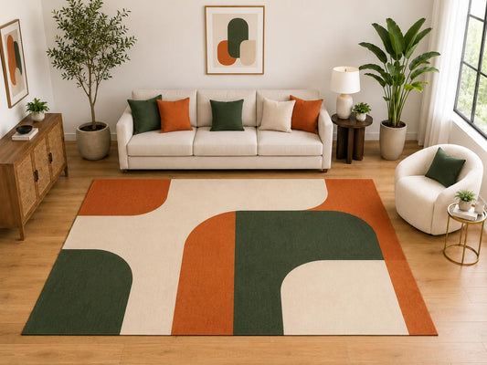 ICE ARMOR Large 6'7" x 9'10" Retro Rounded Arch Area Rug for for Bedroom, Living Room, Soft Low Pile Indoor Rug with Non-Slip Silicone Backing, Burnt Orange Green Ivory