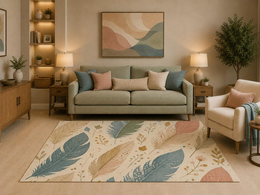 ICE ARMOR 5' x 7' Boho Botanical Feather Area Rug Watercolor Nature Leaf Pattern Scandinavian Design for Living Room Bedroom Nursery Guest Room Non-Slip Silicone Backing Low Pile
