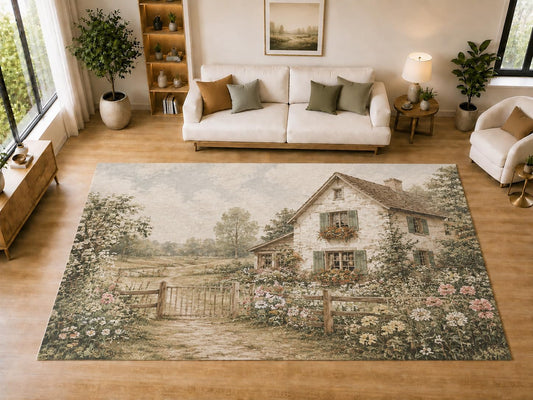 ICE ARMOR "Ultra Light Weight Large 6'7" x 9'10" Country Cottage Garden Area Rug for Dining, Living Room, Bedroom, Soft Low Pile Indoor Rug with Non-Slip Silicone Backing, Cream Green