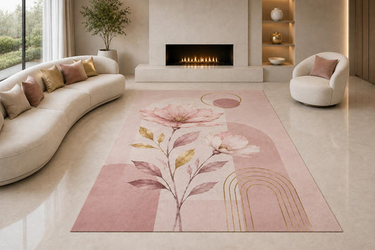 ICE ARMOR "Ultra Lightweight Large 6'7" x 9'10" Blush Flower Rainbow Area Rug for Living Room, Bedroom and Home Office, Soft Low Pile Carpet with Non-Slip Silicone Backing, Pink and Cream