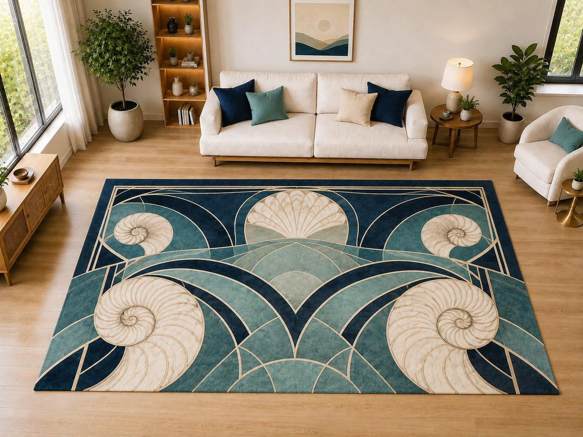 ICE ARMOR "Ultra Light Weight Large 6'7" x 9'10" Nautilus Shell Art Deco Area Rug for Dining, Living Room, Bedroom, Soft Low Pile Indoor Rug with Non-Slip Silicone Backing, Navy Teal
