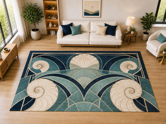 ICE ARMOR "Ultra Light Weight Large 6'7" x 9'10" Nautilus Shell Art Deco Area Rug for Dining, Living Room, Bedroom, Soft Low Pile Indoor Rug with Non-Slip Silicone Backing, Navy Teal