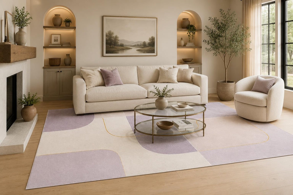 ICE ARMOR Large 6'7" x 9'10" Cream and Lavender Geometric Blocks Area Rug for Living Room, Soft Low Pile Carpet with Non-Slip Silicone Backing, Decor for Bedroom and Home Office