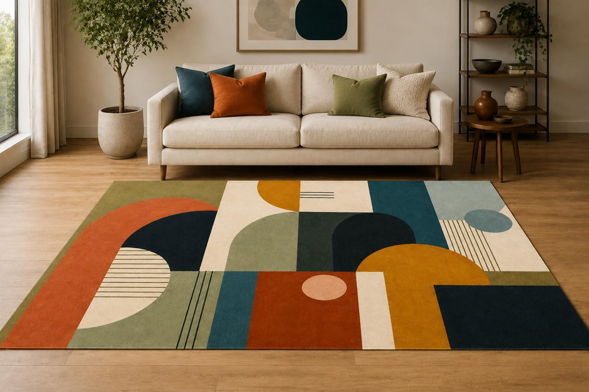 ICE ARMOR "Ultra Lightweight Large 6'7" x 9'10" Geometric Blocks Area Rug for Living Room, Bedroom and Home Office, Soft Low Pile Carpet with Non-Slip Silicone Backing, Terracotta and Teal