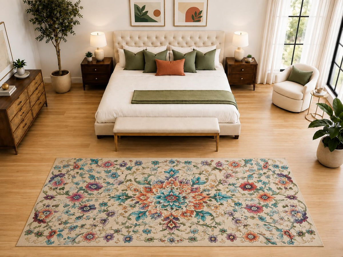 ICE ARMOR "Ultra Light Weight Large 6'7" x 9'10" Floral Garden Medallion Rug, Soft Low Pile Indoor Rug, Non-Slip Silicone Backing for Bedroom Beige