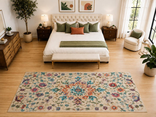 ICE ARMOR "Ultra Light Weight Large 6'7" x 9'10" Floral Garden Medallion Rug, Soft Low Pile Indoor Rug, Non-Slip Silicone Backing for Bedroom Beige