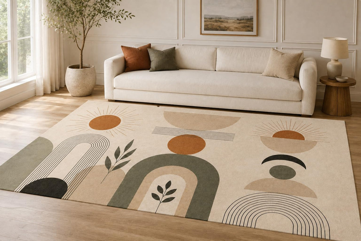 ICE ARMOR "Ultra Lightweight Large 6'7" x 9'10" Retro Arches Area Rug for Living Room, Bedroom and Home Office, Soft Low Pile Carpet with Non-Slip Silicone Backing, Beige and Terracotta
