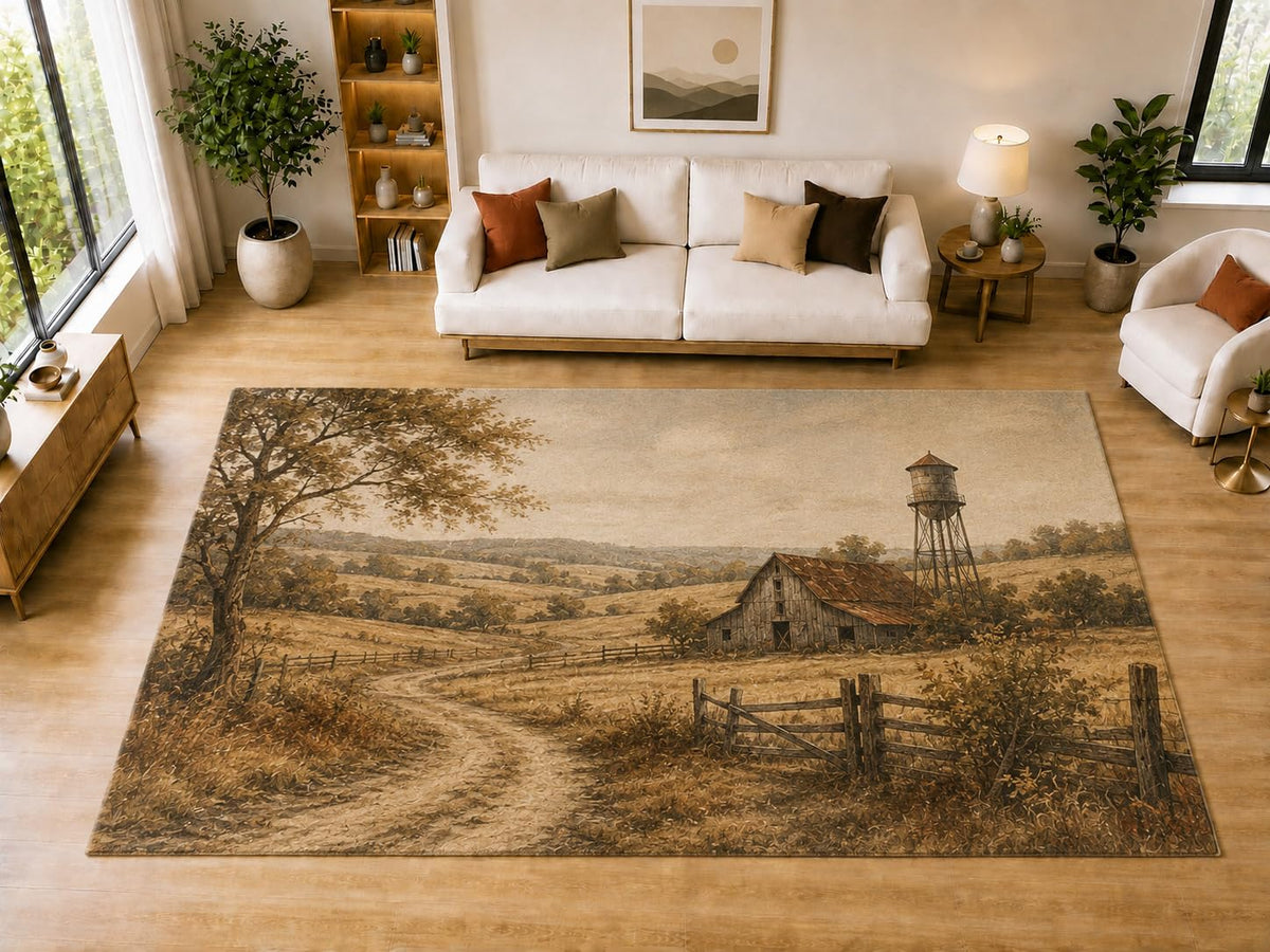 ICE ARMOR "Ultra Light Weight Large 6'7" x 9'10" Barn Water Tower Area Rug for Dining, Living Room, Bedroom, Soft Low Pile Indoor Rug with Non-Slip Silicone Backing, Brown Beige