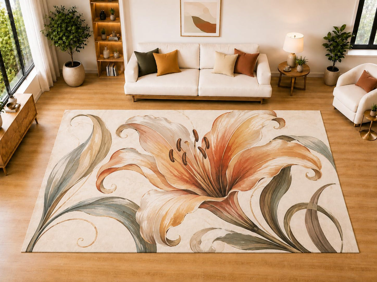 ICE ARMOR "Ultra Light Weight Large 6'7" x 9'10" Peach Lily Area Rug for Living Room Bedroom Dining Room, Soft Low Pile Non-Slip Backing, Peach Cream Sage Brown Botanical Decor