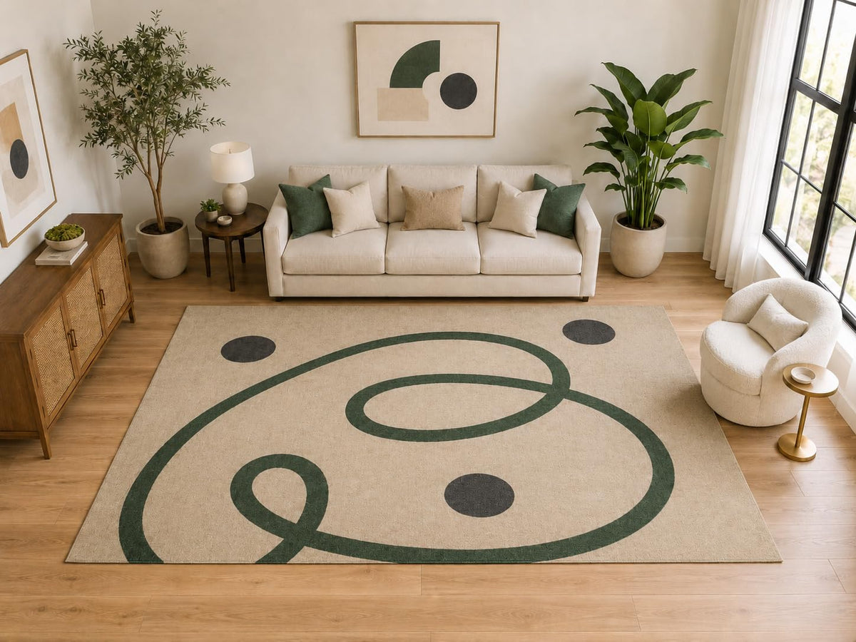 ICE ARMOR Large 6'7" x 9'10" Abstract Loop and Dot Area Rug for for Bedroom, Living Room, Soft Low Pile Indoor Rug with Non-Slip Silicone Backing, Beige Green Charcoal