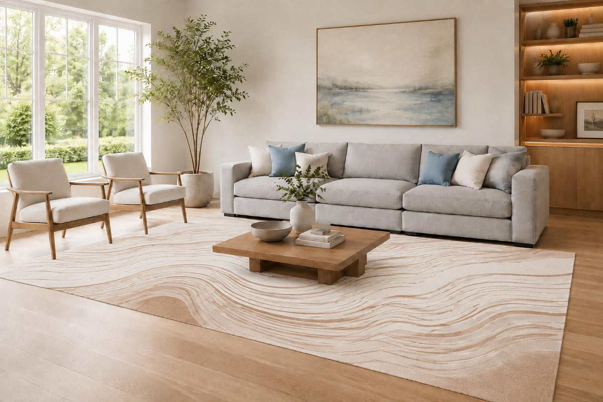 ICE ARMOR Large 6'7" x 9'10" Ivory and Beige Modern Wavy Linework Area Rug for Living Room, Soft Low Pile Carpet with Non-Slip Silicone Backing, Decor for Bedroom and Home Office