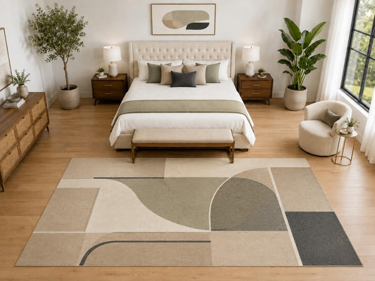 ICE ARMOR "Ultra Light Weight Large 6'7" x 9'10" Modern Abstract Curve Rug, Soft Low Pile Indoor Rug, Non-Slip Silicone Backing for Bedroom Beige