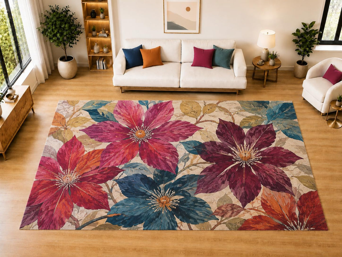 ICE ARMOR "Ultra Light Weight Large 6'7" x 9'10" Clematis Flower Area Rug for Living Room Bedroom Dining Room, Soft Low Pile Non-Slip Backing, Burgundy Teal Orange Floral Decor