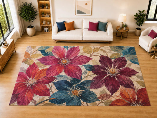 ICE ARMOR "Ultra Light Weight Large 6'7" x 9'10" Clematis Flower Area Rug for Living Room Bedroom Dining Room, Soft Low Pile Non-Slip Backing, Burgundy Teal Orange Floral Decor