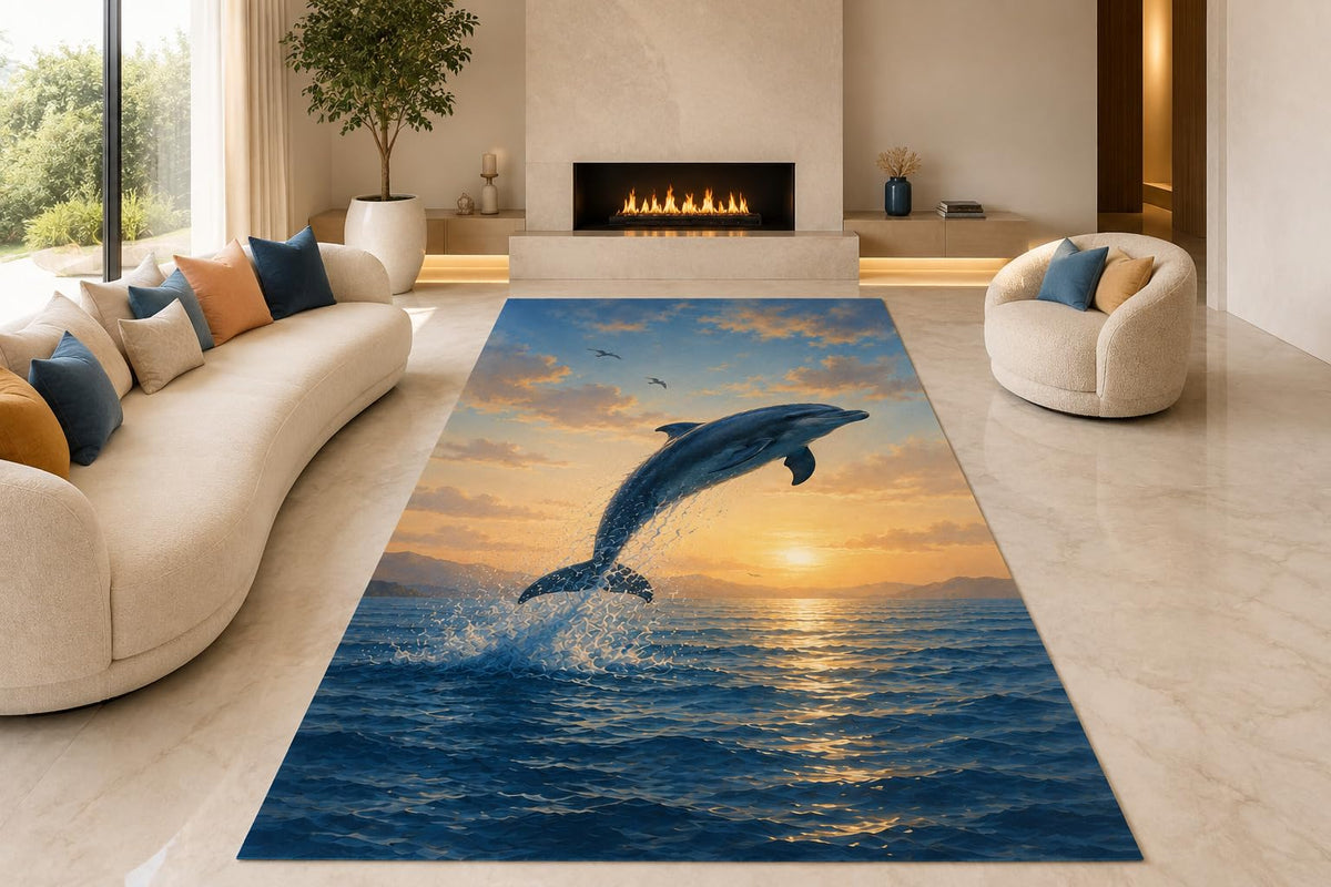 ICE ARMOR "Ultra Lightweight Large 6'7" x 9'10" Dolphin Ocean Sunset Area Rug for Living Room, Bedroom and Home Office, Soft Low Pile Carpet with Non-Slip Silicone Backing, Blue and Amber