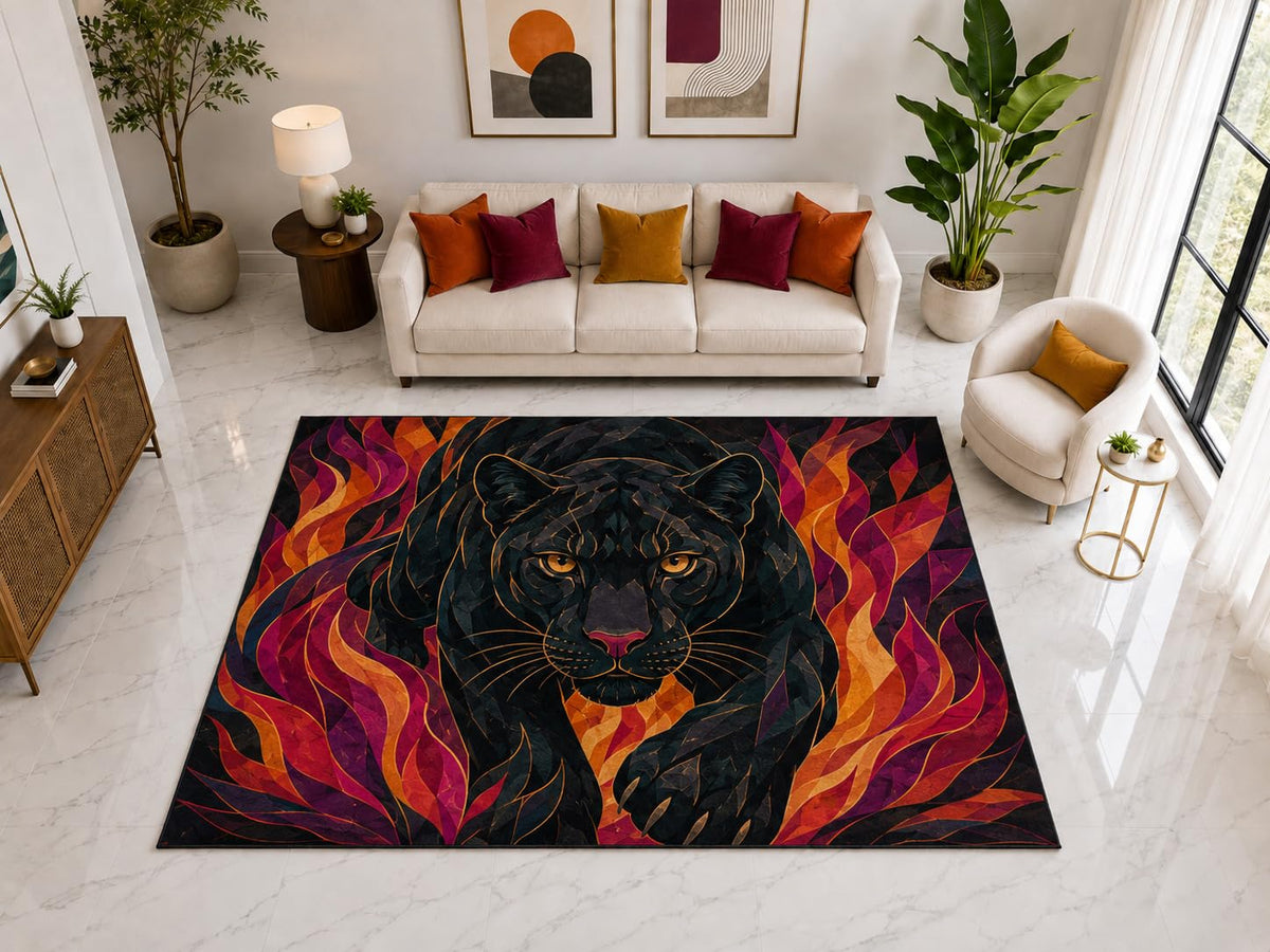 ICE ARMOR "Ultra Light Weight Large 6'7" x 9'10" Black Panther Flame Rug, Soft Low Pile Indoor Rug, Non-Slip Silicone Backing for Living Room Orange