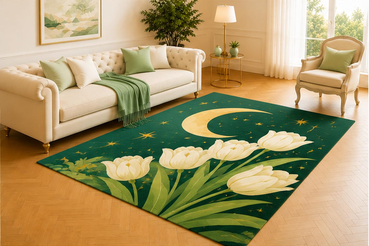 ICE ARMOR 5' x 7' Moonlit Tulip Rug, Ivory Flowers Beneath a Golden Crescent on Deep Green, Serene Accent for Bedroom, Reading Nook, Lounge or Meditation Room