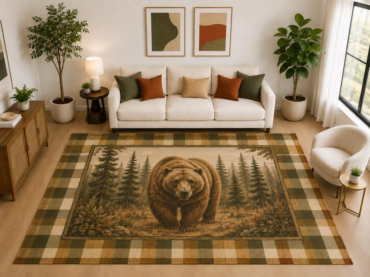 ICE ARMOR "Ultra Light Weight Large 6'7" x 9'10" Plaid Bear Mountain Rug, Soft Low Pile Indoor Rug and Non-Slip Silicone Backing, Living Room, Brown