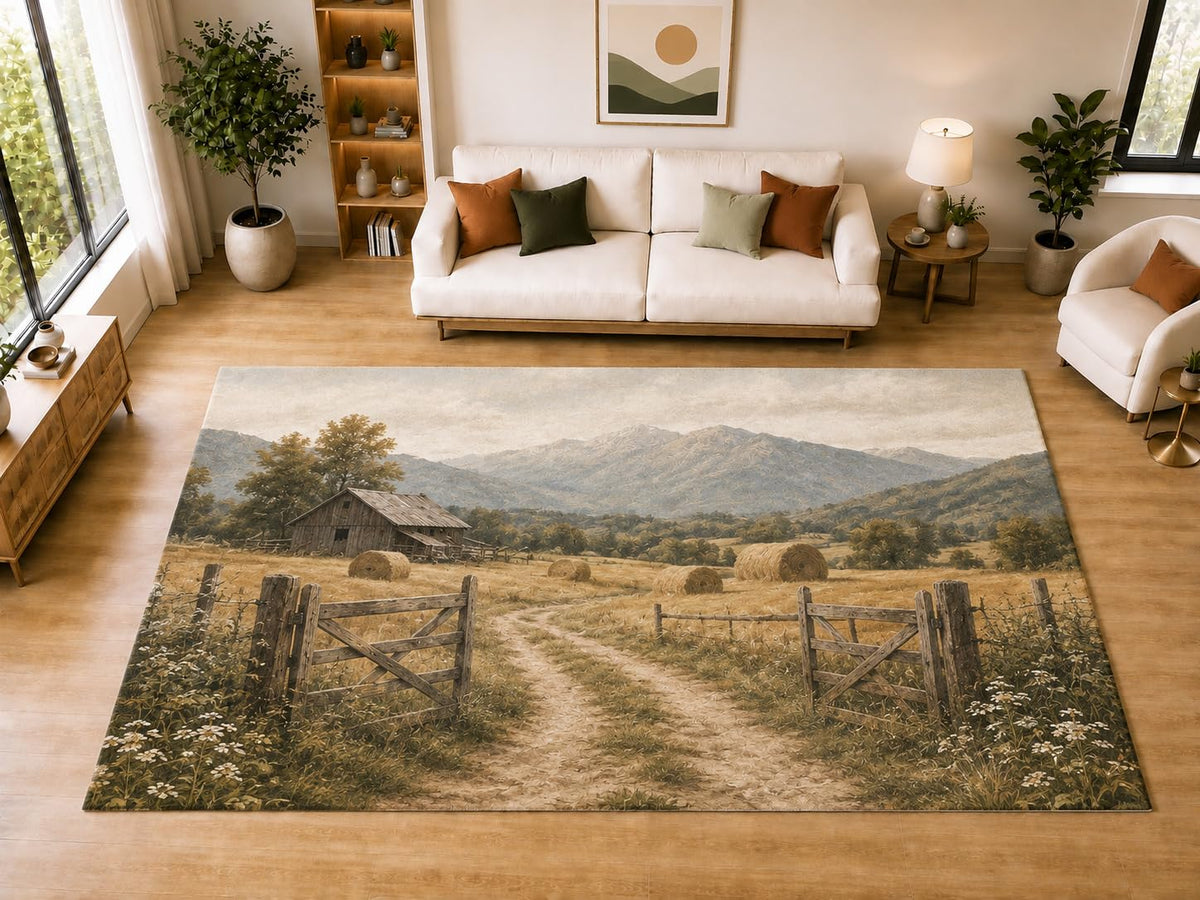 ICE ARMOR "Ultra Light Weight Large 6'7" x 9'10" Mountain Hayfield Barn Area Rug for Dining, Living Room, Bedroom, Soft Low Pile Indoor Rug with Non-Slip Silicone Backing, Tan Green