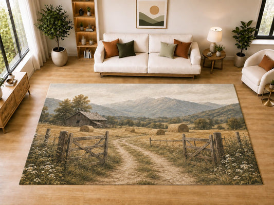 ICE ARMOR "Ultra Light Weight Large 6'7" x 9'10" Mountain Hayfield Barn Area Rug for Dining, Living Room, Bedroom, Soft Low Pile Indoor Rug with Non-Slip Silicone Backing, Tan Green