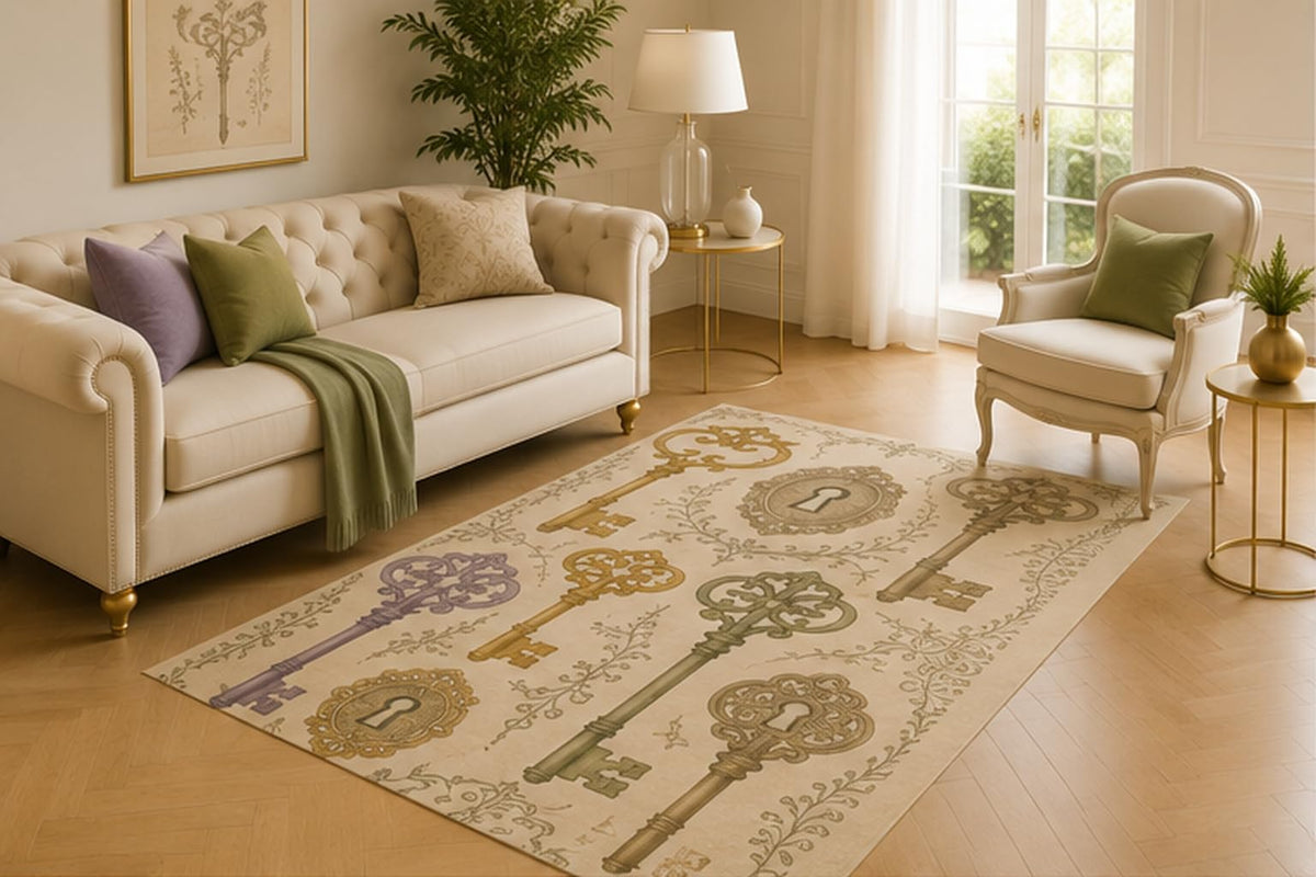 ICE ARMOR 5' x 7' Antique Skeleton Key Area Rug for Living Room, Soft Low Pile Indoor Carpet with Non-Slip Silicone Backing for Bedroom, Dining Room, Office, Kids and Pets