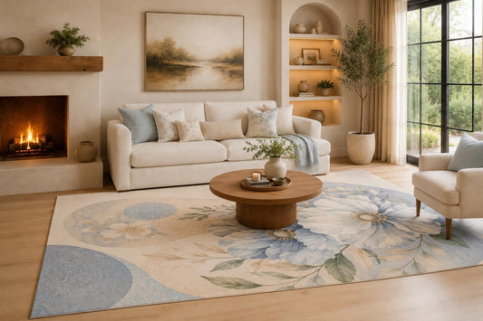 ICE ARMOR Large 6'7" x 9'10" Light Blue and Cream Oversized Floral Bloom Area Rug for Living Room, Soft Low Pile Carpet with Non-Slip Silicone Backing, Decor for Bedroom, Dining Area and Home Office