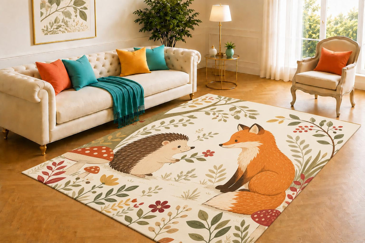 ICE ARMOR 5' x 7' Woodland Hedgehog Fox Rug, Cozy Pumpkin Mushroom Lantern Theme, Durable Low Profile Carpet with Grippy Back for Nursery, Reading Nook and Classroom