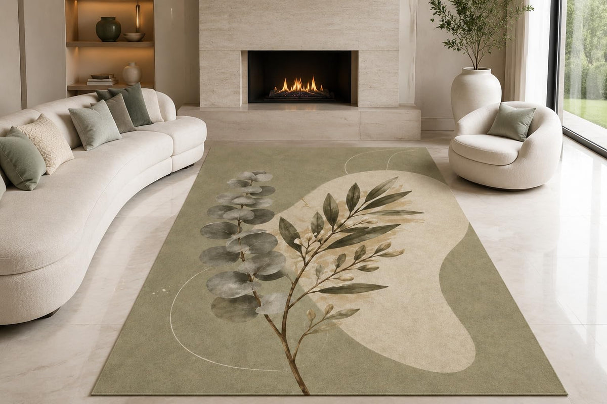ICE ARMOR "Ultra Lightweight Large 6'7" x 9'10" Botanical Silhouette Area Rug for Living Room, Bedroom and Home Office, Soft Low Pile Carpet with Non-Slip Silicone Backing, Sage and Beige