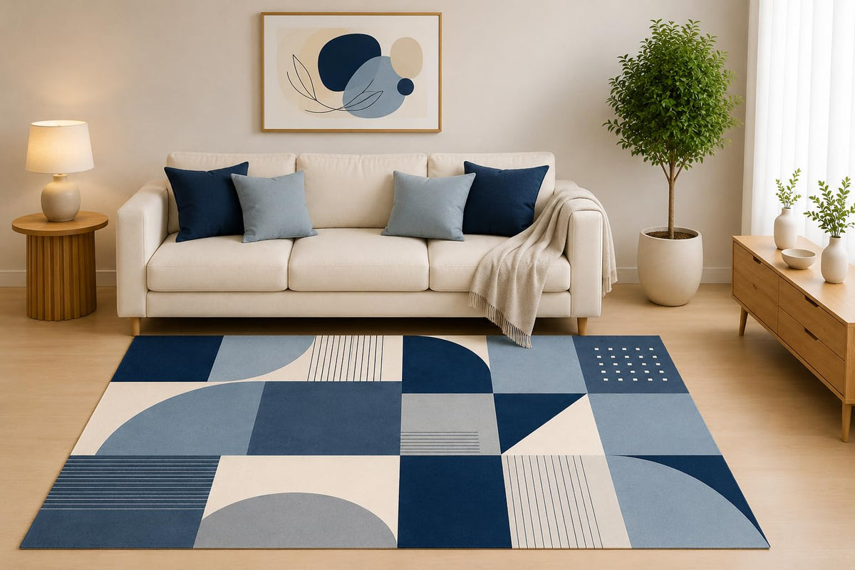 ICE ARMOR 5' x 7' Modern Patchwork Area Rug, Blue Gray Geometric Block Pattern for Living Room Bedroom Office, Non-Slip Silicone Backing, Low Pile Carpet